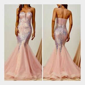 Pink Sequin Embellished Strapless Mermaid Gown NWT